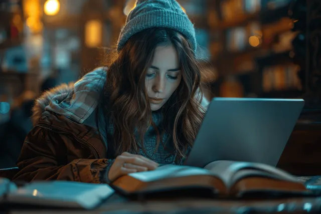 Woman at a wooden desk reads a Bible beside an open laptop during an online church service.
