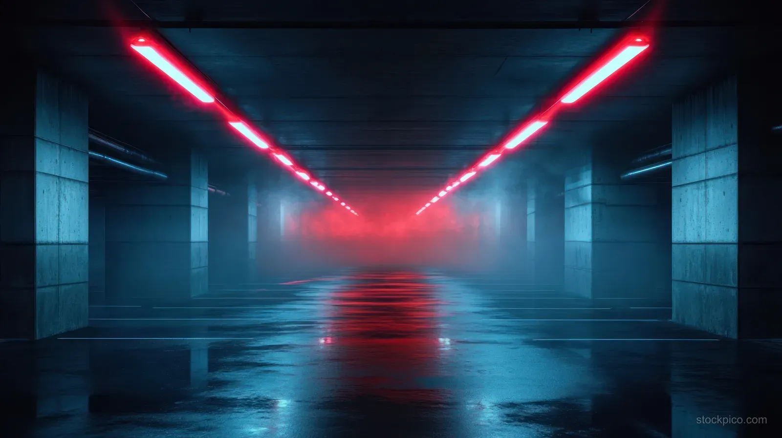 Empty underground parking garage lit by parallel red neon rails, with wet reflective floor and misty atmosphere.