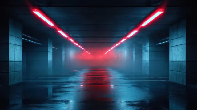 Empty underground parking garage lit by parallel red neon rails, with wet reflective floor and misty atmosphere.