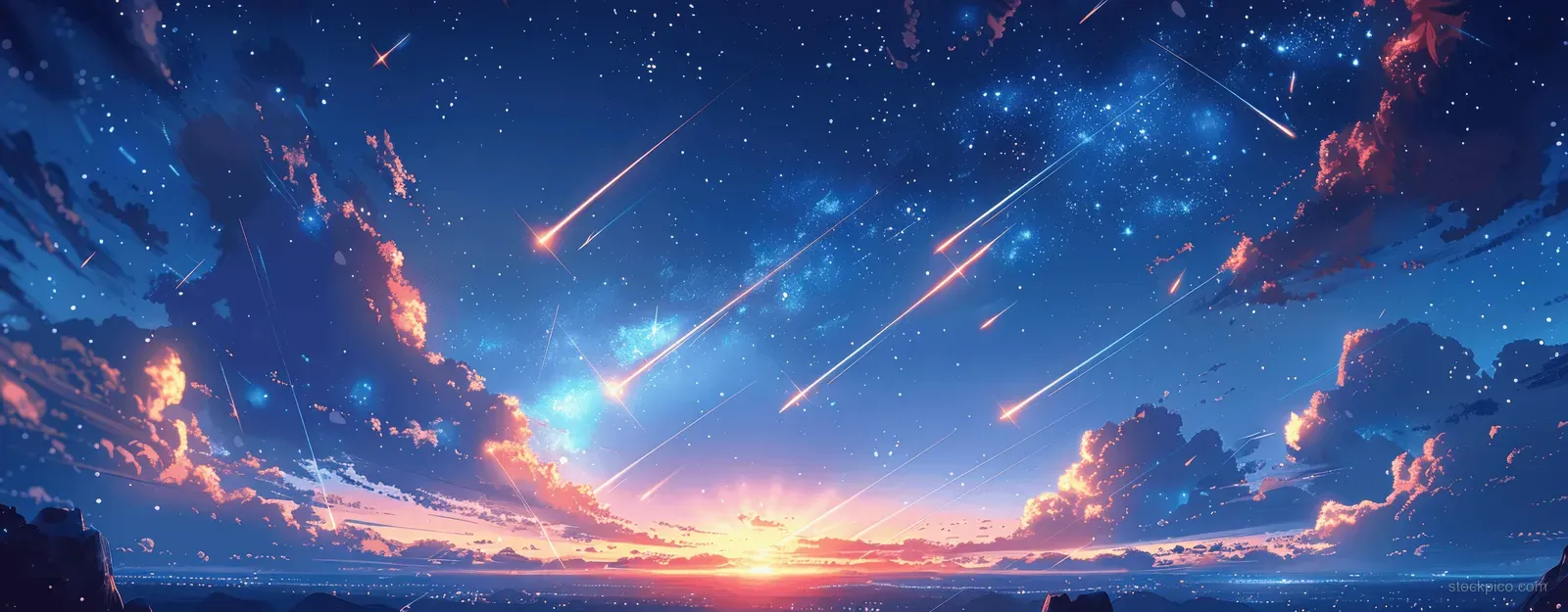 Anime-style night sky with shooting stars and glowing comets above mountains at sunset.
