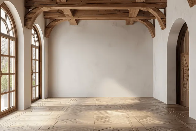 Empty interior room with arched windows, exposed wooden beams, and patterned wood floor in warm sunlight.