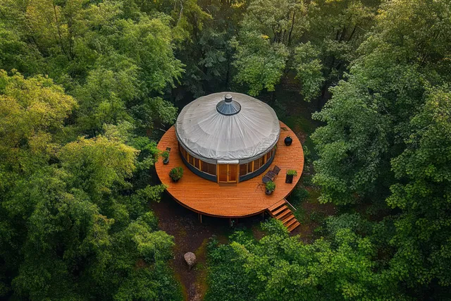 Aerial view of a round yurt cabin on an orange wooden deck with stairs in a dense green forest.