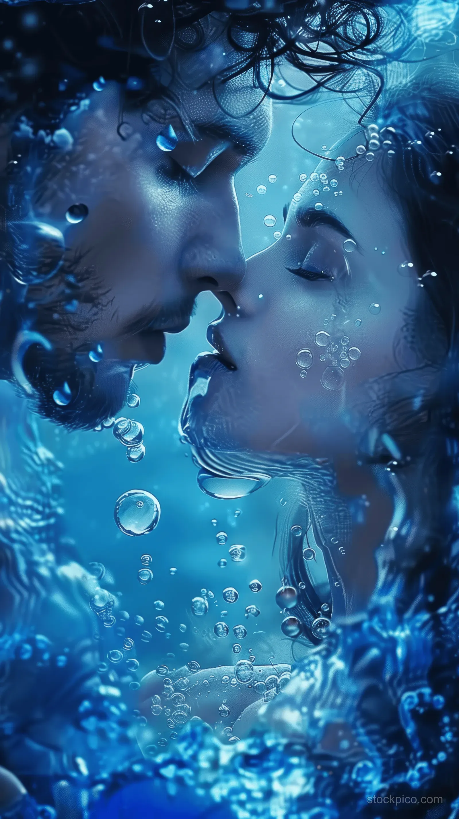 A couple kisses underwater, their faces close together, surrounded by blue water droplets and moody cinematic lighting.