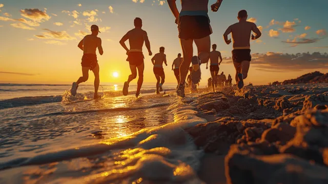 Runners’ legs sprint along wet beach sand at sunset, captured mid-stride with ocean light behind them.