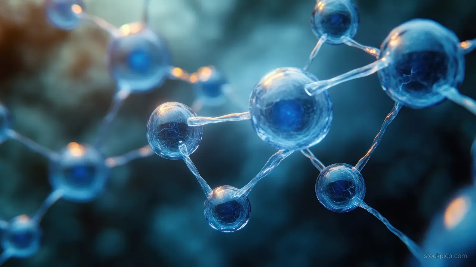 Glowing blue molecular spheres connected by thin bonds float against a softly blurred background.