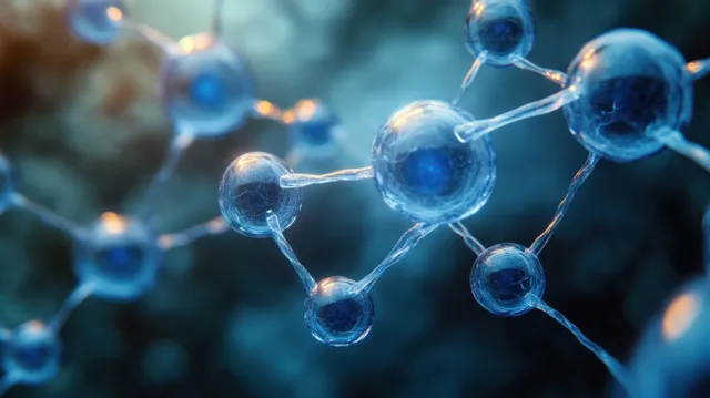 Glowing blue molecular spheres connected by thin bonds float against a softly blurred background.