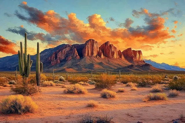 Sunset Desert Panorama with Cacti and Red Rock Cliffs near Phoenix, Arizona