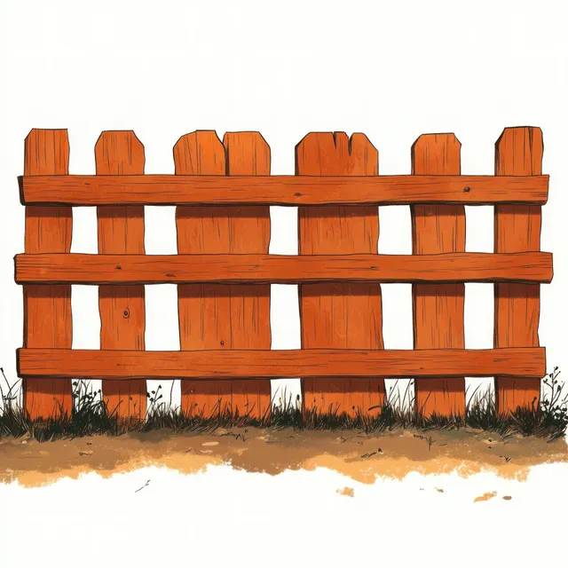 Rustic wooden fence with uneven planks above grass and dirt, sunlit countryside barrier