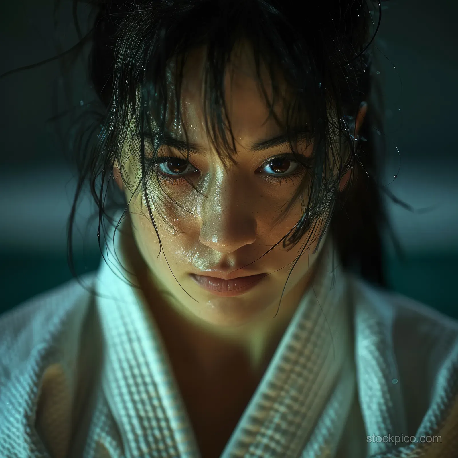 Focused female judoka in a blue gi with intense eyes and dramatic lighting during a judo match.
