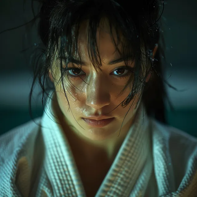 Focused female judoka in a blue gi with intense eyes and dramatic lighting during a judo match.