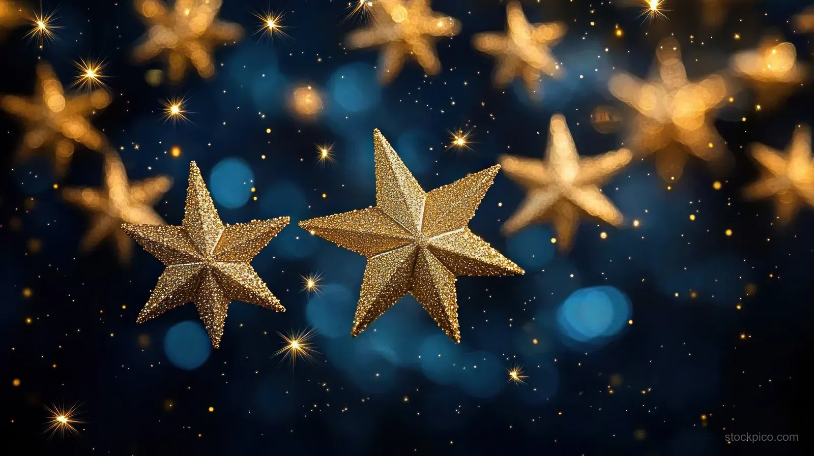 Two glowing golden stars with twinkling glitter particles on a deep blue bokeh background.
