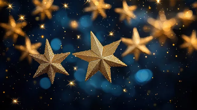 Two glowing golden stars with twinkling glitter particles on a deep blue bokeh background.