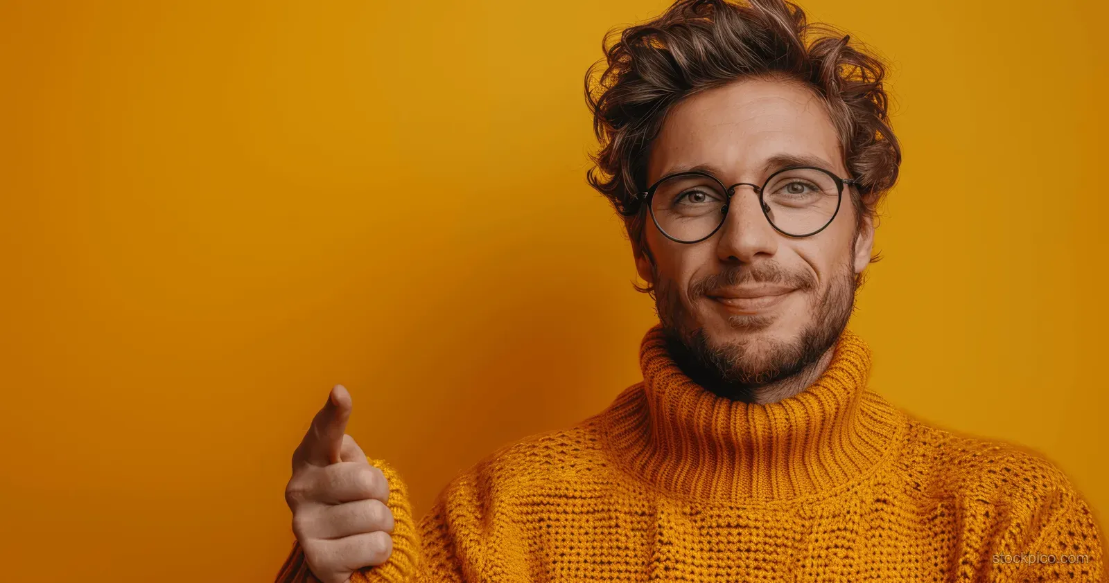 Smiling man in glasses and an orange sweater points to the side on an orange background.
