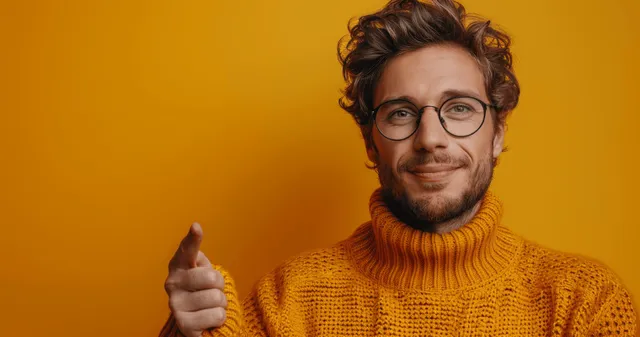 Smiling man in glasses pointing sideways against orange studio background with Looking At Camera