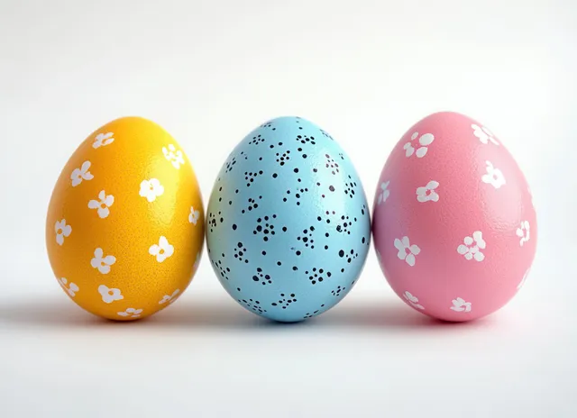 Three pastel decorated eggs with floral and polka-dot patterns arranged on a white background.