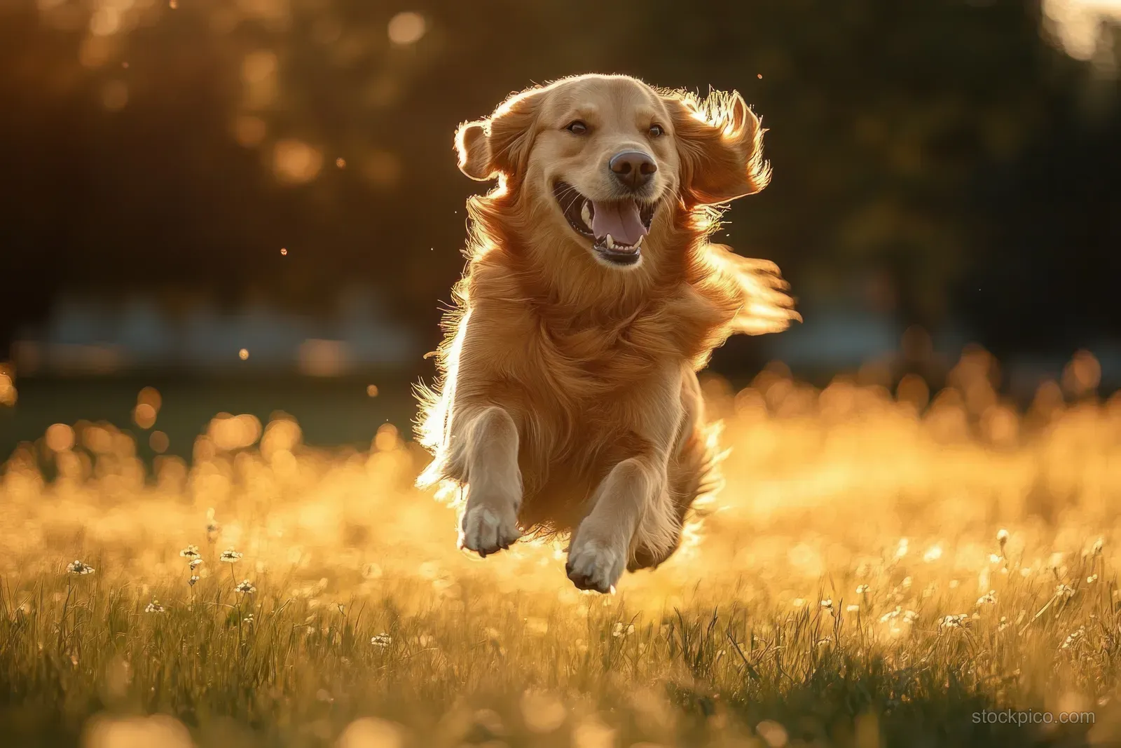 Golden retriever leaping through sunlit grass in golden hour light with warm glowing bokeh background.