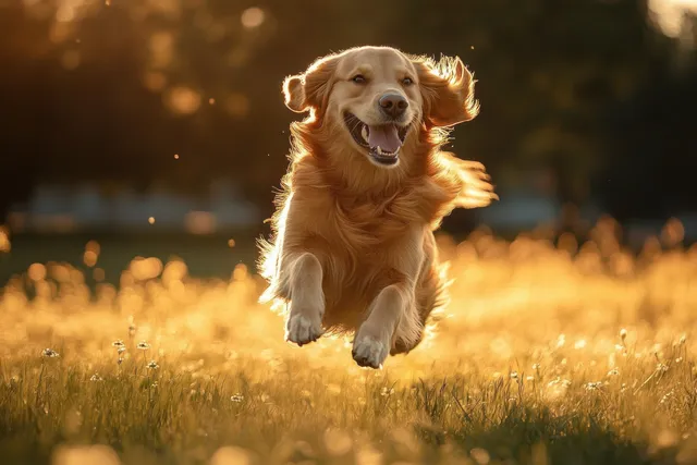 Golden retriever leaping through sunlit grass in golden hour light with warm glowing bokeh background.