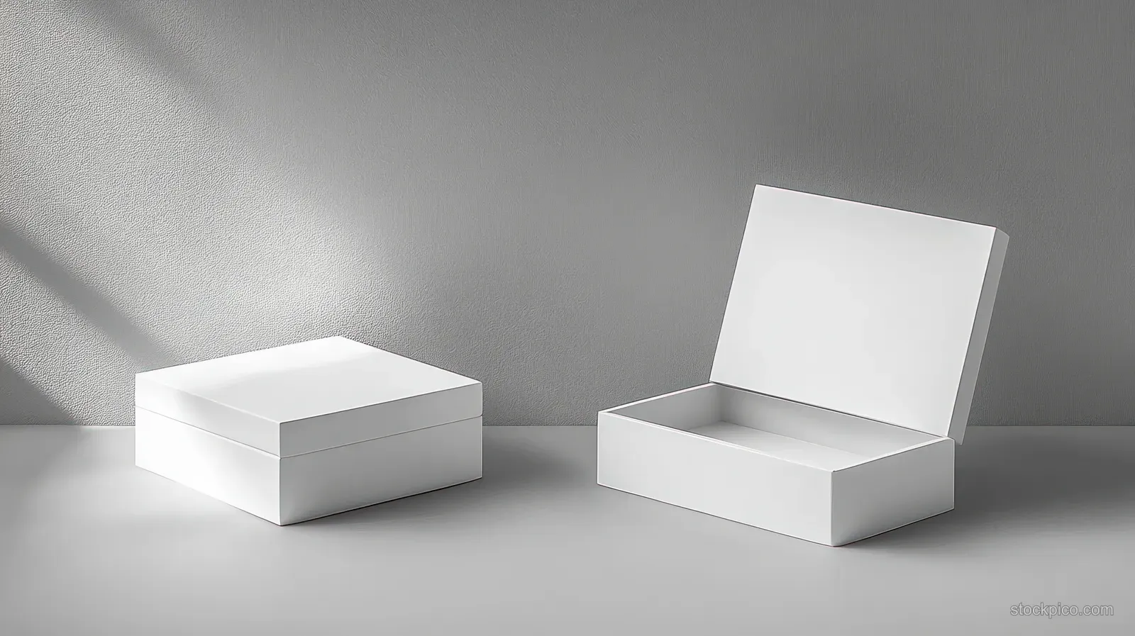 An open and a closed white rectangular box sit on a smooth surface against a textured gray wall.