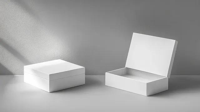 An open and a closed white rectangular box sit on a smooth surface against a textured gray wall.