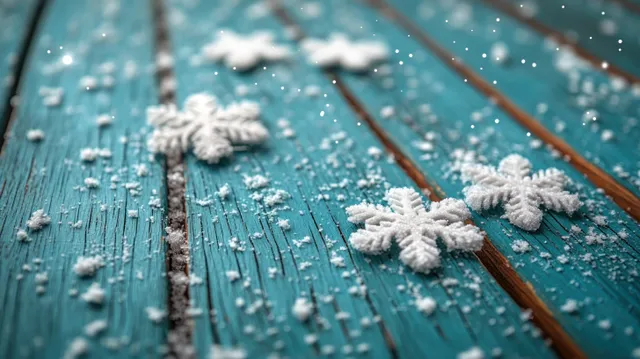 Snowflakes falling on turquoise wooden planks with frosty glints in winter