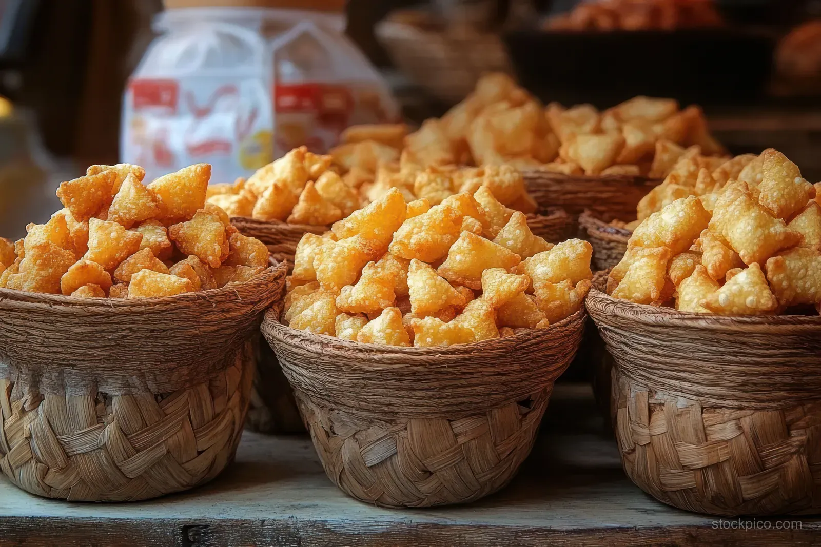 Golden crispy fried tofu snack pieces piled in woven baskets on a rustic tabletop.