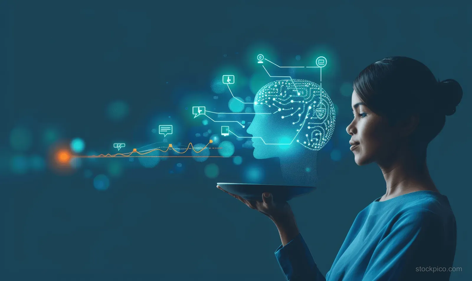 A person points at a glowing AI head graphic with speech bubbles and network icons over a blue background.
