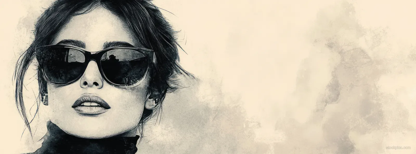 Woman wearing black sunglasses and a turban in a minimalist watercolor portrait with soft vignette background.