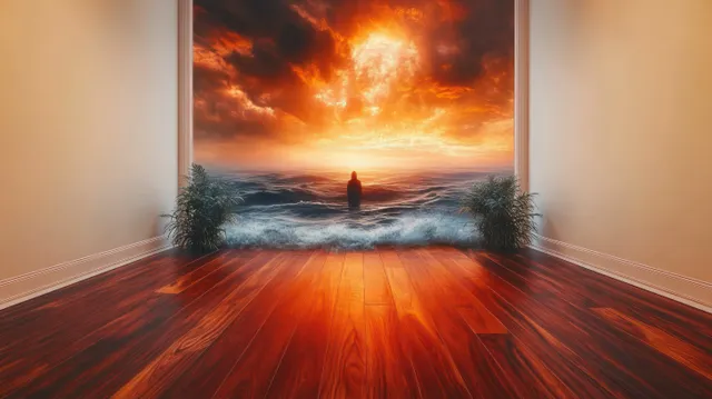 A lone silhouette stands in ocean waves visible through a large interior window under an orange fiery sunset.