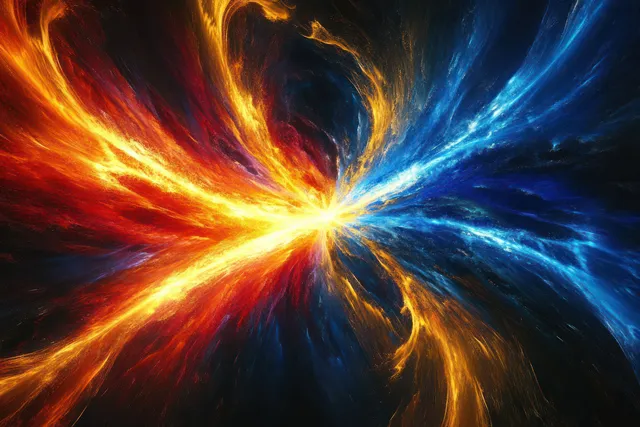 Cosmic energy explosion radiating red orange yellow and blue beams from a bright center with Astronomy Inspired Visuals