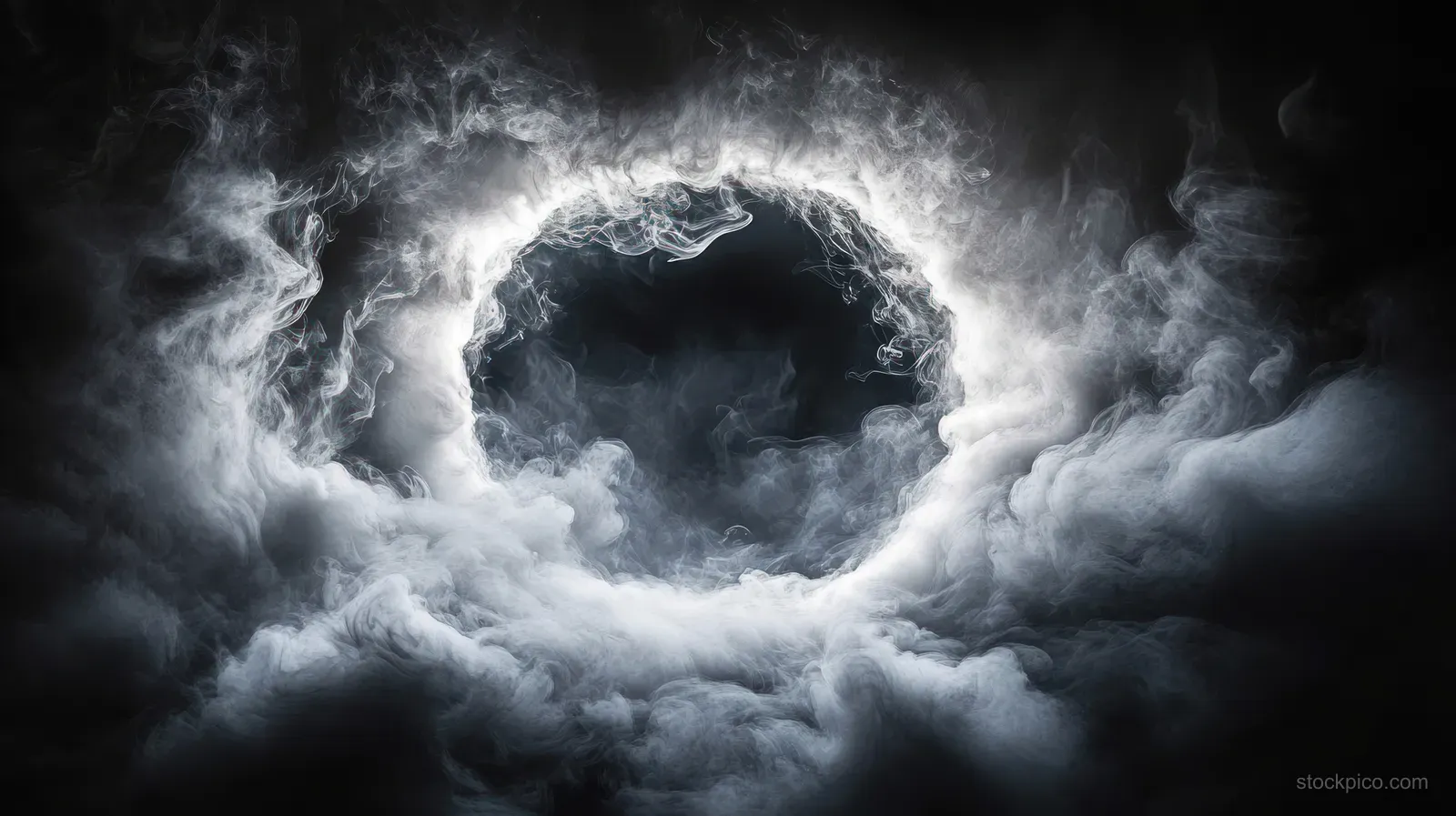 A bright swirling smoke ring forms a circular frame around dark fog and misty clouds.