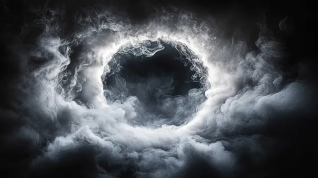 Swirling smoke ring framing a foggy Halloween night with eerie ghostlike haze