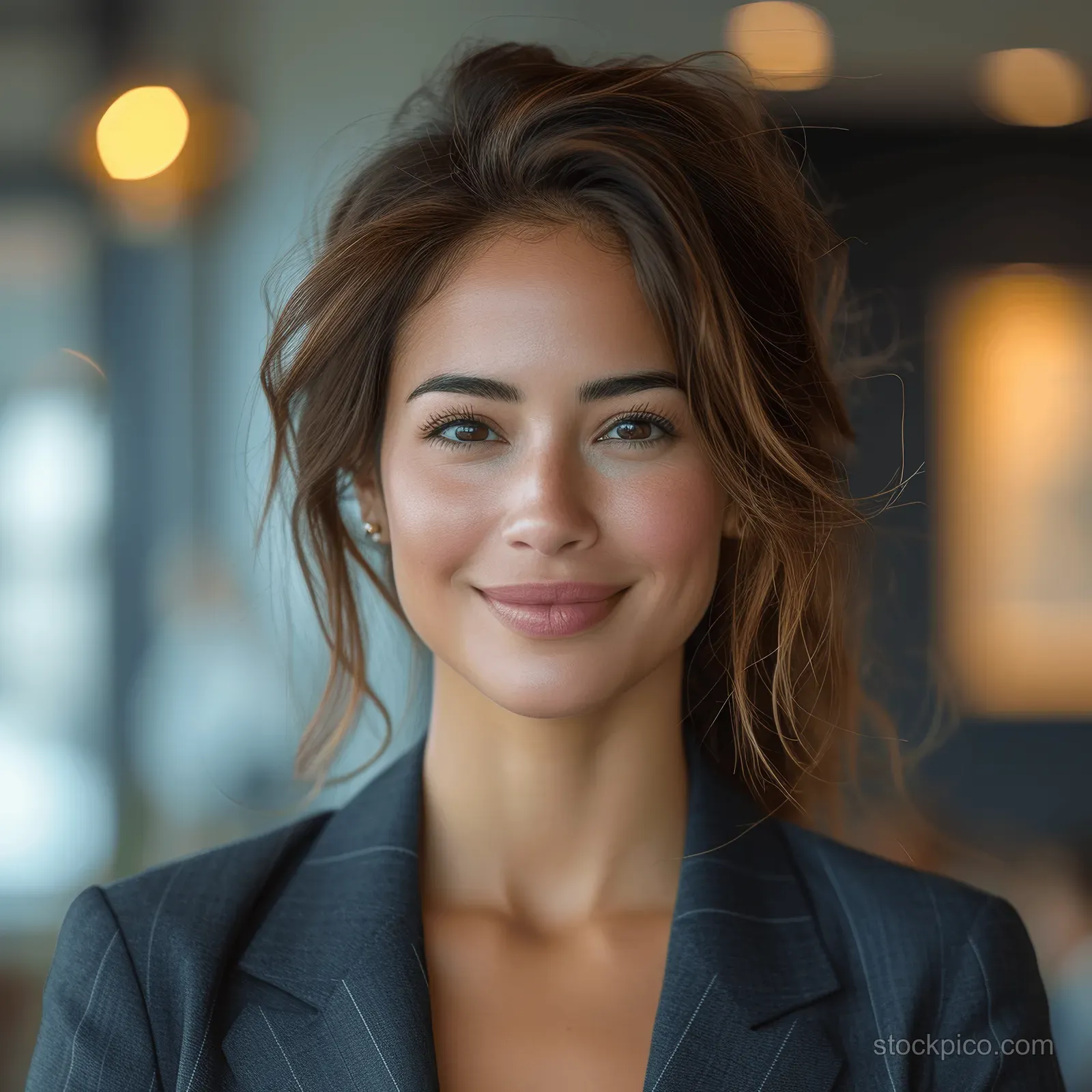 Smiling Indian businesswoman portrait in an office, wearing a dark blazer with warm bokeh lights behind.