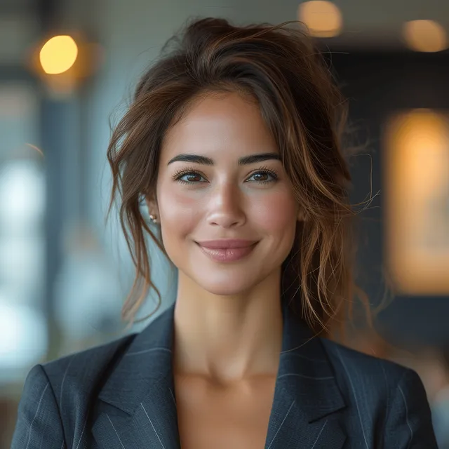 Smiling Indian businesswoman portrait in office, wearing blazer with soft bokeh lights behind