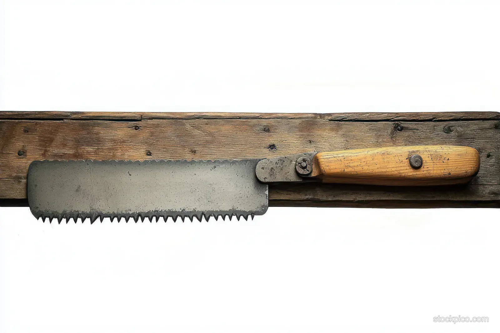 Rusty serrated hand saw with a worn wooden handle resting on a weathered plank against a white background.