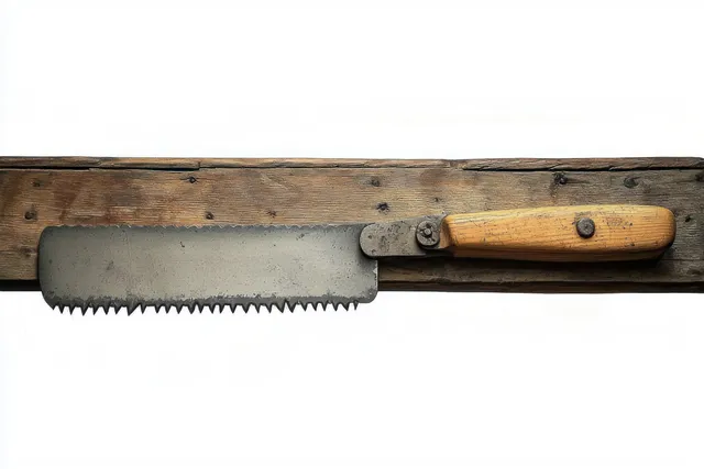 Rusty serrated hand saw with worn wooden handle resting on weathered plank