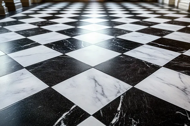 Black-and-white checkered marble floor tiles illuminated by natural sunlight, showing symmetry and reflective stone texture.