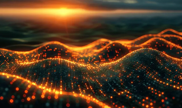 Futuristic rolling hills at sunset are illuminated by a glowing orange light grid, creating an immersive digital landscape.