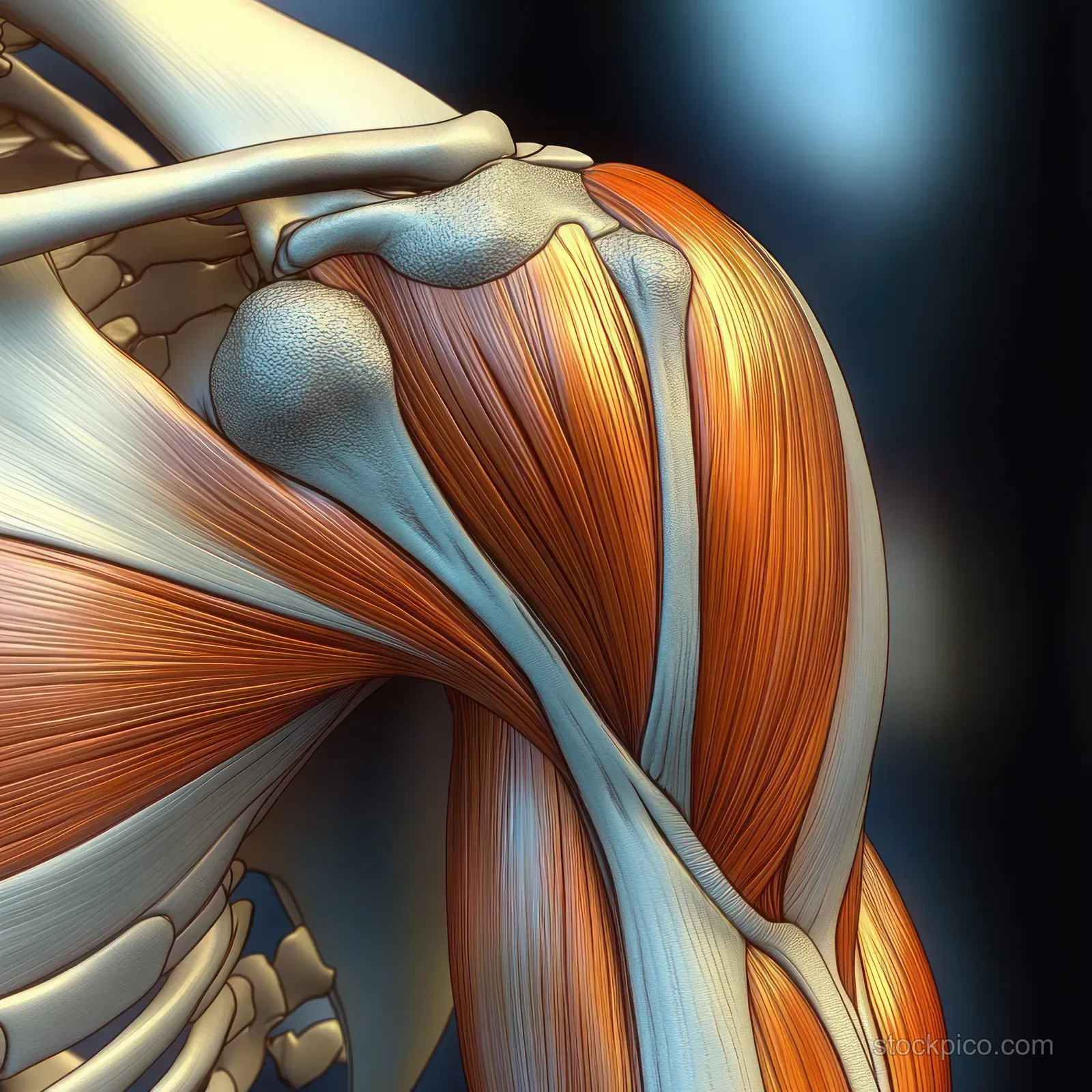Anatomical illustration of shoulder joint muscles and bones with deltoid and triceps on a white background.
