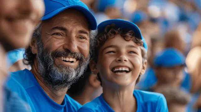 Father and son in blue cheer in a crowded stadium.