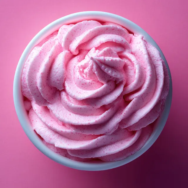 Pink sugar scrub gel whipped into a creamy swirl inside a bowl on a pastel background.