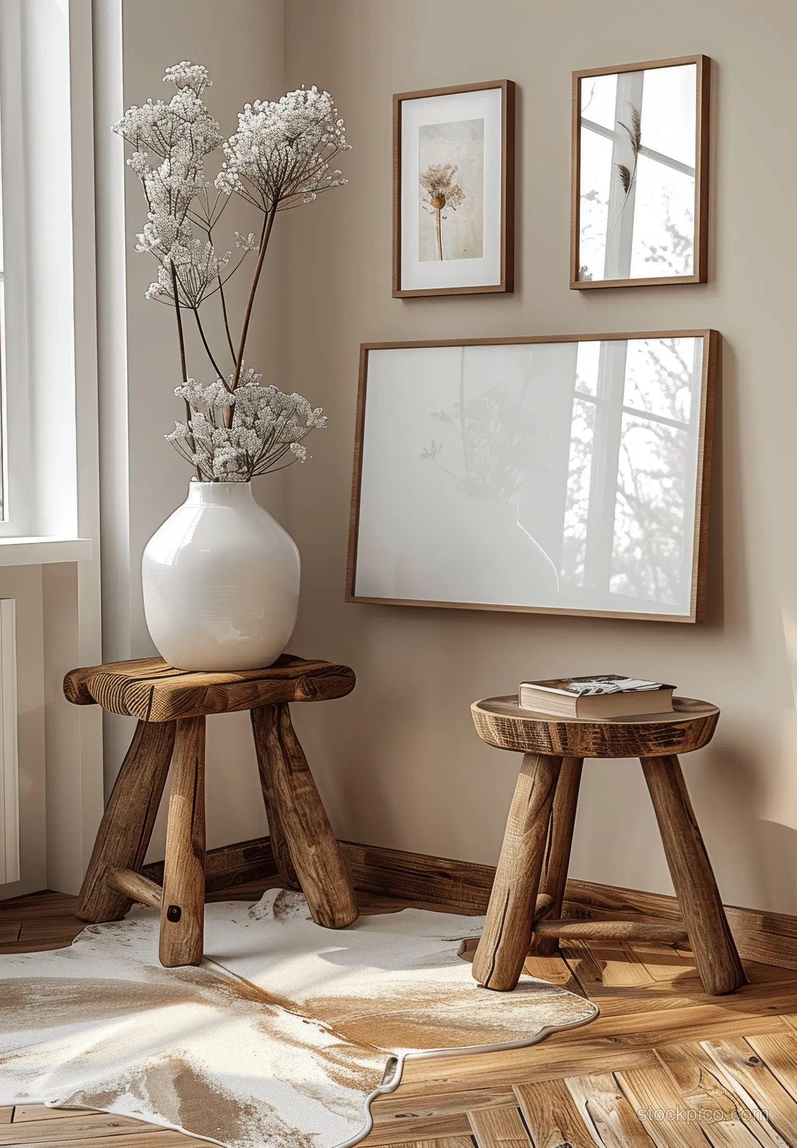 A minimalist Scandinavian room shows wooden photo frames, a white vase with dried stems, and a stool against a beige wall.