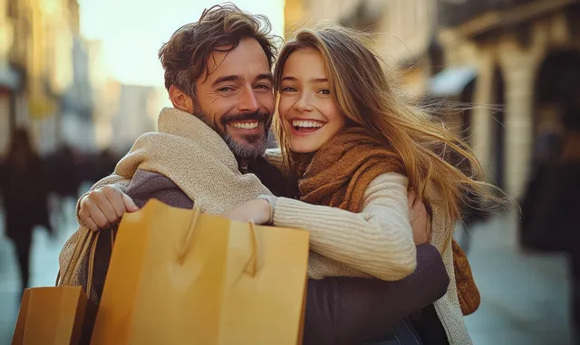 Smiling couple hugging on a city street while holding shopping bags.