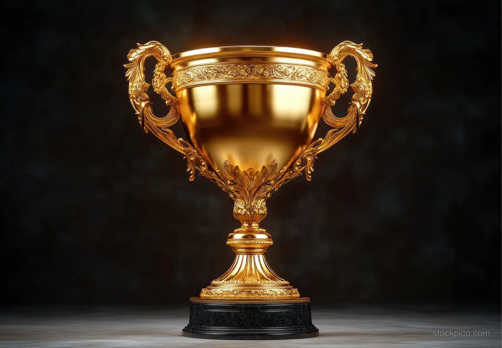 A golden ornate trophy cup with leaf and floral engravings sits on a black base in front of a dark background.