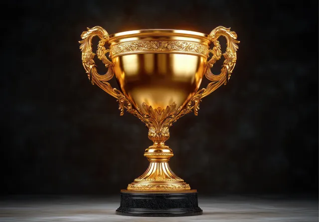 A golden ornate trophy cup with leaf and floral engravings sits on a black base in front of a dark background.