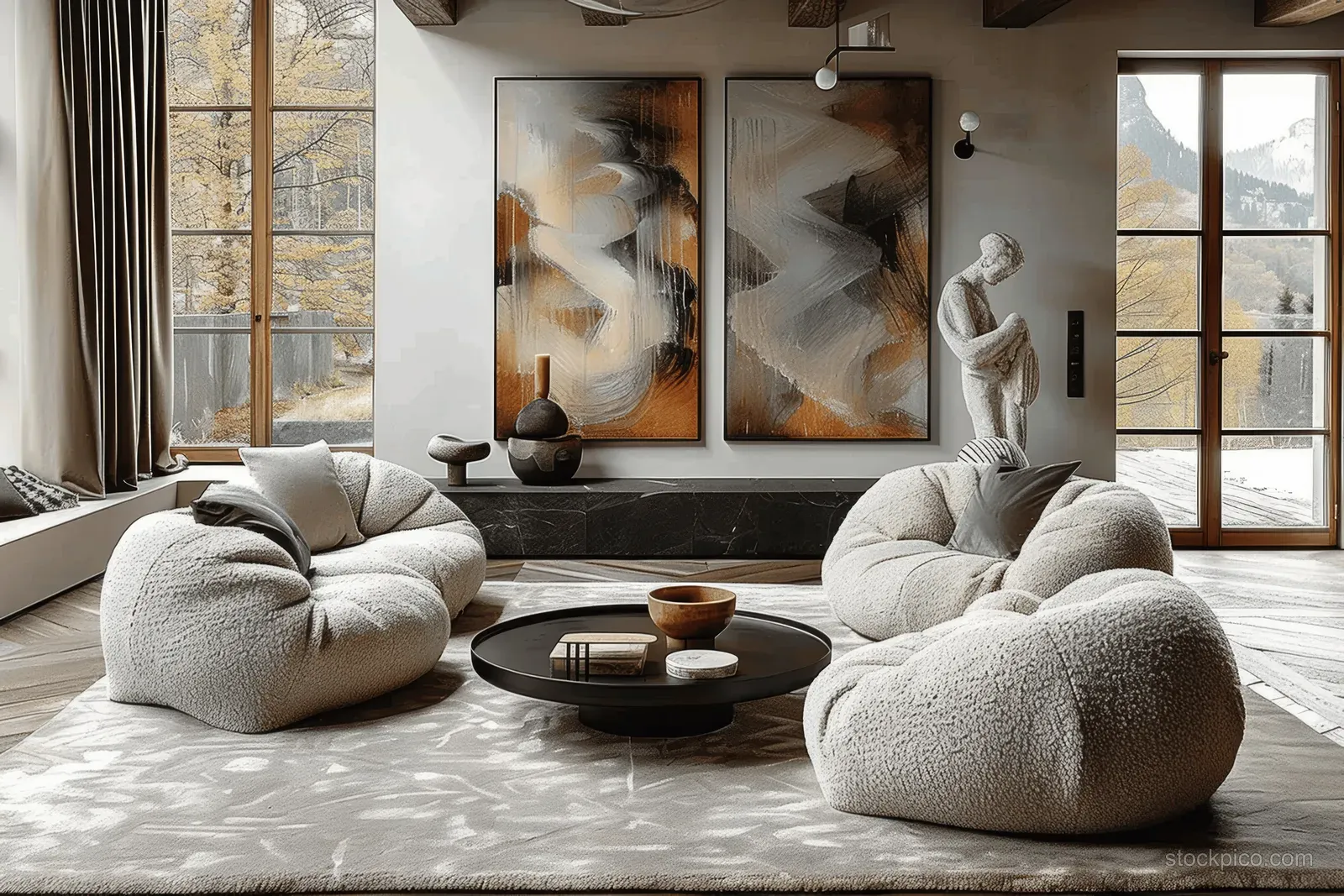 Minimalist living room with round sofas, fluffy chairs, a low coffee table, and abstract paintings on a light wall.