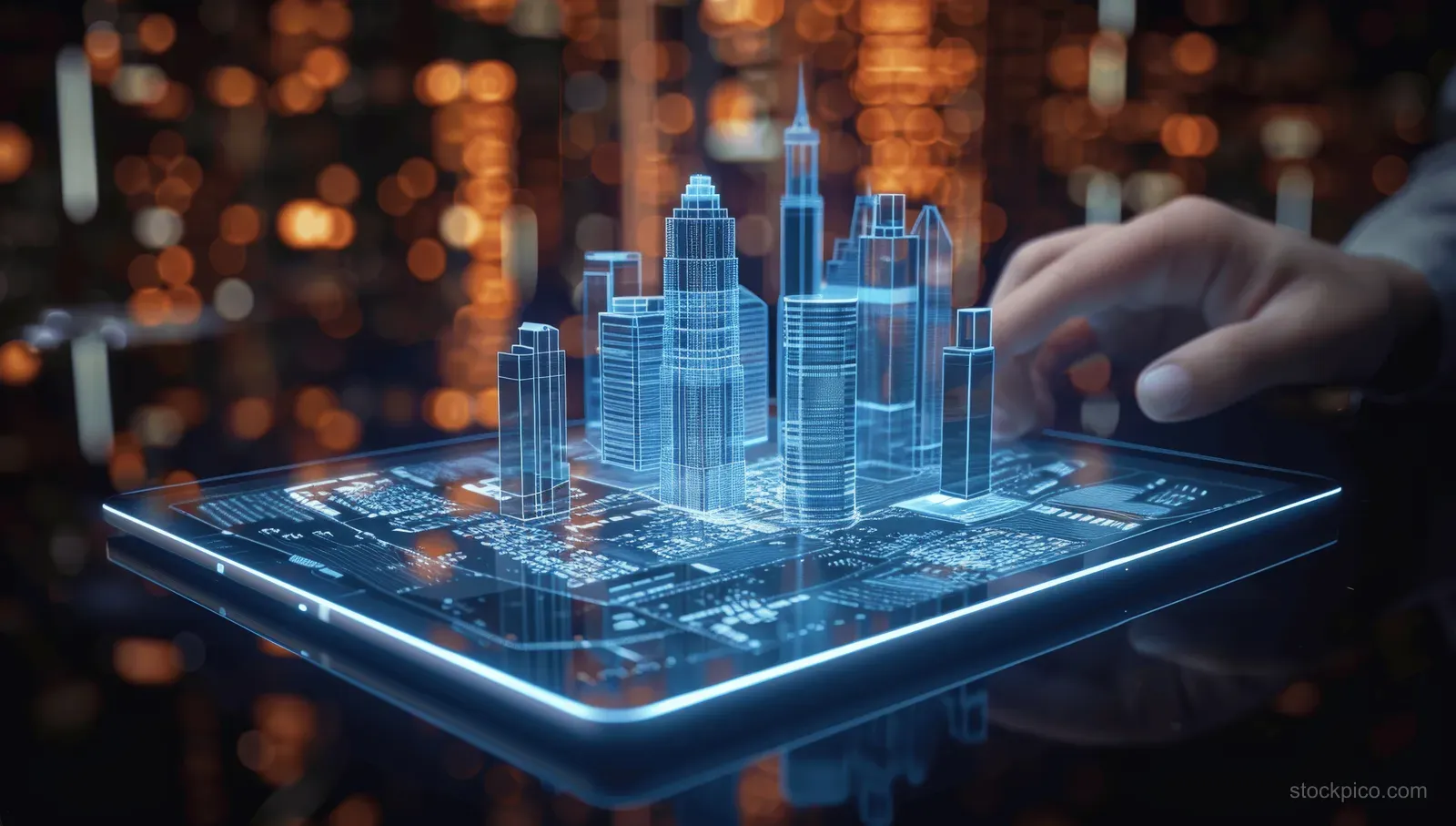 A hand holds a tablet displaying a glowing holographic city skyline over miniature building models.