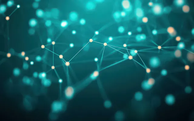 Interconnected node network with glowing blue teal lines drifting through blurred data background