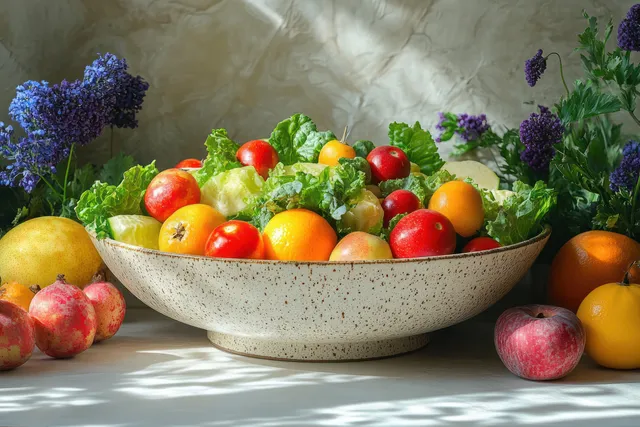 Fresh salad bowl with tomatoes and mixed fruits on table with gym measuring tape