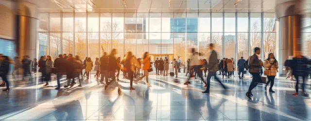 Motion-blurred students walk through a university lobby with large windows showing a bright blue sky.