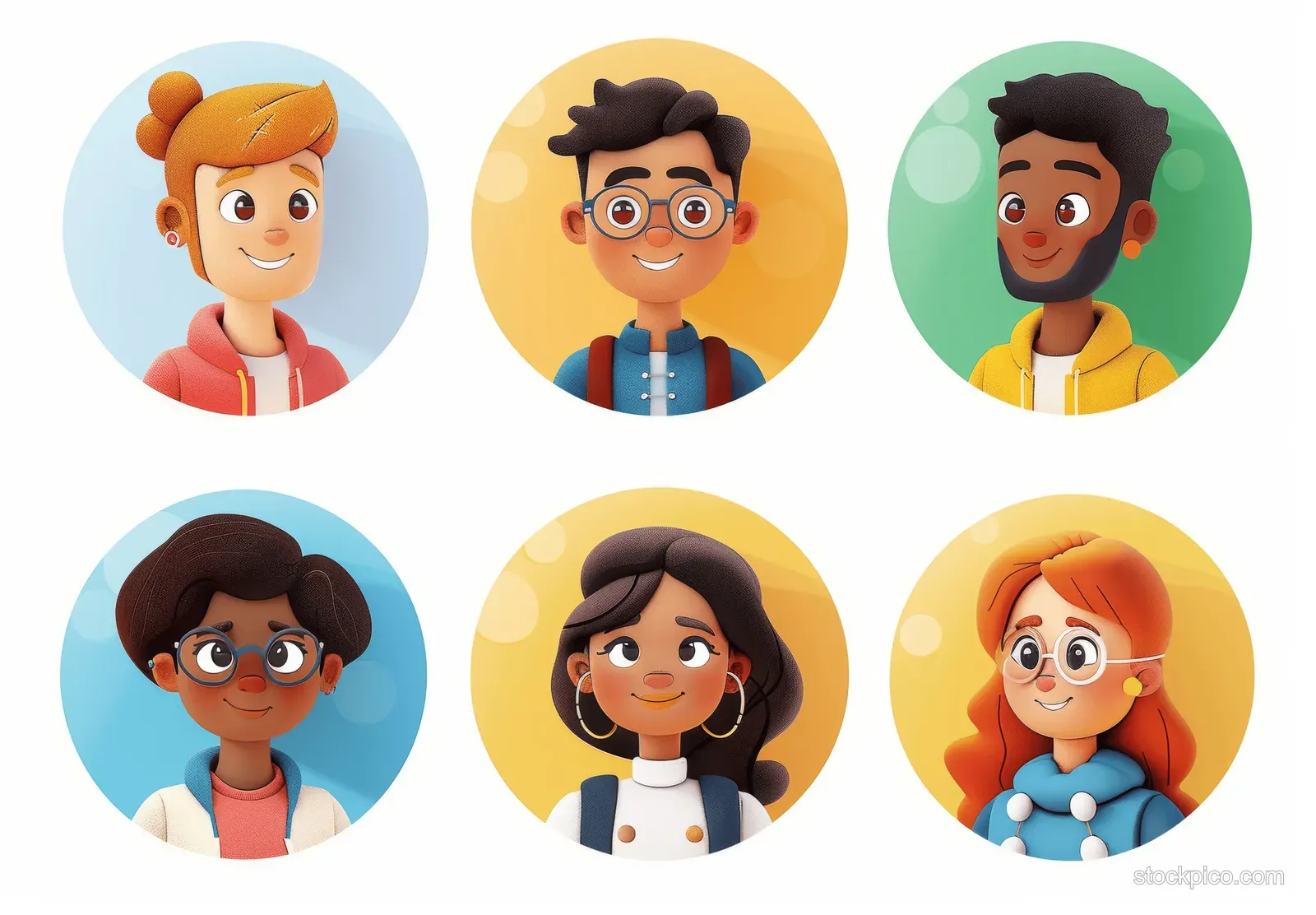 Six round 3D cartoon avatar portraits with diverse hair and expressions arranged on a white background.